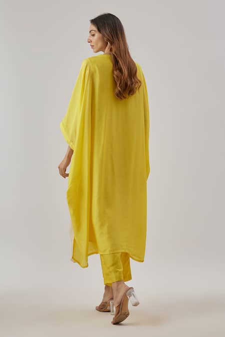 Shop Cupid Cotton Yellow Silk, Cotton V-neck Color Block Straight Kurta Set at Aza Fashions Shop_Cupid Cotton_Yellow Silk, Cotton V-neck Color Block Straight Kurta Set _at_Aza_Fashions
