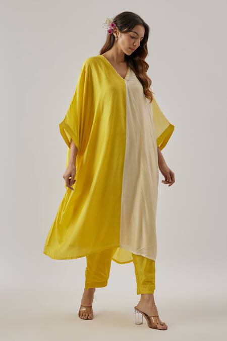Cupid Cotton Yellow Silk, Cotton V-neck Color Block Straight Kurta Set Online at Aza Fashions Cupid Cotton_Yellow Silk, Cotton V-neck Color Block Straight Kurta Set _Online_at_Aza_Fashions