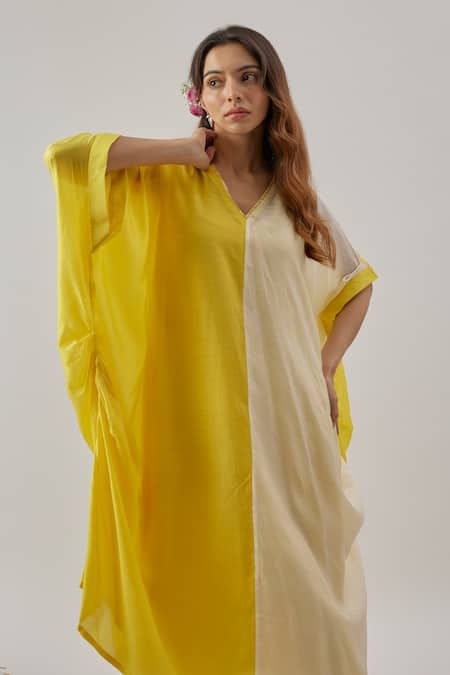 Shop Cupid Cotton Yellow Silk, Cotton V-neck Color Block Straight Kurta Set Online at Aza Fashions Shop_Cupid Cotton_Yellow Silk, Cotton V-neck Color Block Straight Kurta Set _Online_at_Aza_Fashions