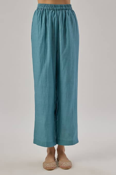 Cupid Cotton_Teal Chanderi , V-neck Blue Kurta Set _Online_at_Aza_Fashions