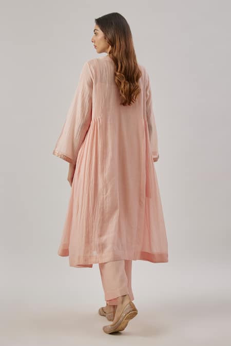 Shop_Cupid Cotton_Pink Chanderi Silk, Organza Embroidery V-neck And Kurta Set _at_Aza_Fashions