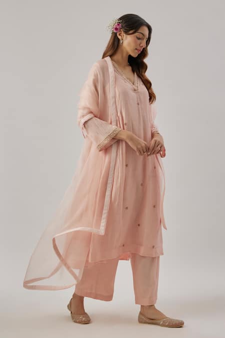 Shop_Cupid Cotton_Pink Chanderi Silk, Organza Embroidery V-neck And Kurta Set _Online_at_Aza_Fashions