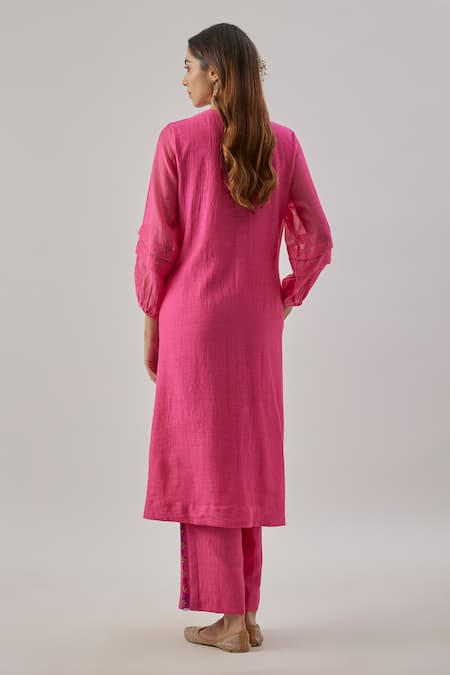 Shop Cupid Cotton Pink Chanderi Silk Split V-neck Kurta Set at Aza Fashions Shop_Cupid Cotton_Pink Chanderi Silk Split V-neck Kurta Set _at_Aza_Fashions