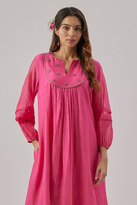 Cupid Cotton Pink Chanderi Silk Split V-neck Kurta Set Online at Aza Fashions Cupid Cotton_Pink Chanderi Silk Split V-neck Kurta Set _Online_at_Aza_Fashions