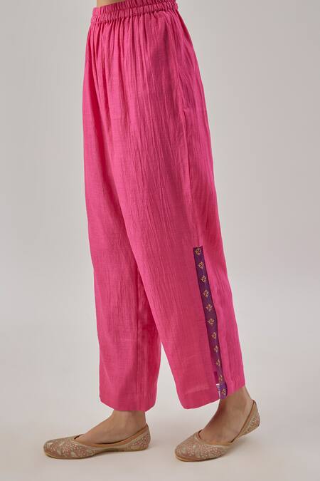 Buy Cupid Cotton Pink Chanderi Silk Split V-neck Kurta Set Online at Aza Fashions Buy_Cupid Cotton_Pink Chanderi Silk Split V-neck Kurta Set _Online_at_Aza_Fashions