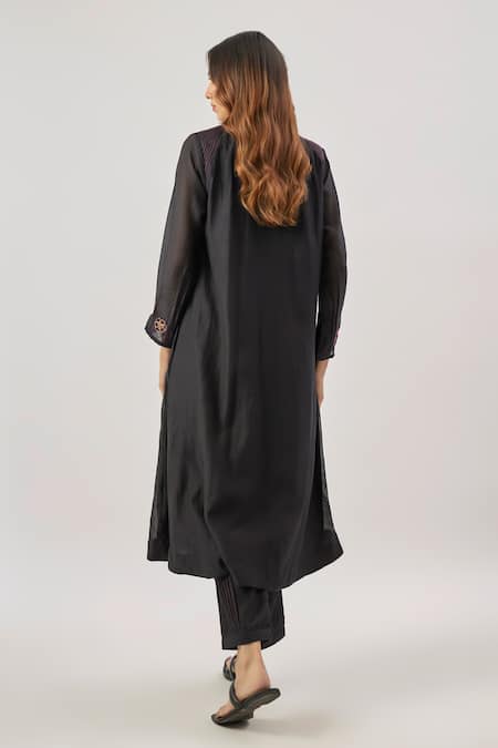 Shop Cupid Cotton Black Chanderi Silk, Organza Embroidery Round Neck Kurta Set at Aza Fashions Shop_Cupid Cotton_Black Chanderi Silk, Organza Embroidery Round Neck Kurta Set _at_Aza_Fashions