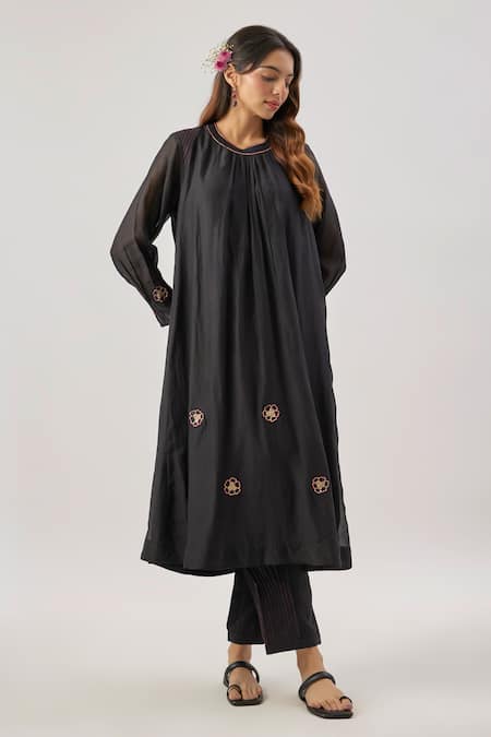 Buy Cupid Cotton Black Chanderi Silk, Organza Embroidery Round Neck Kurta Set Online at Aza Fashions Buy_Cupid Cotton_Black Chanderi Silk, Organza Embroidery Round Neck Kurta Set _Online_at_Aza_Fashions