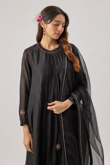 Shop Cupid Cotton Black Chanderi Silk, Organza Embroidery Round Neck Kurta Set Online at Aza Fashions Shop_Cupid Cotton_Black Chanderi Silk, Organza Embroidery Round Neck Kurta Set _Online_at_Aza_Fashions