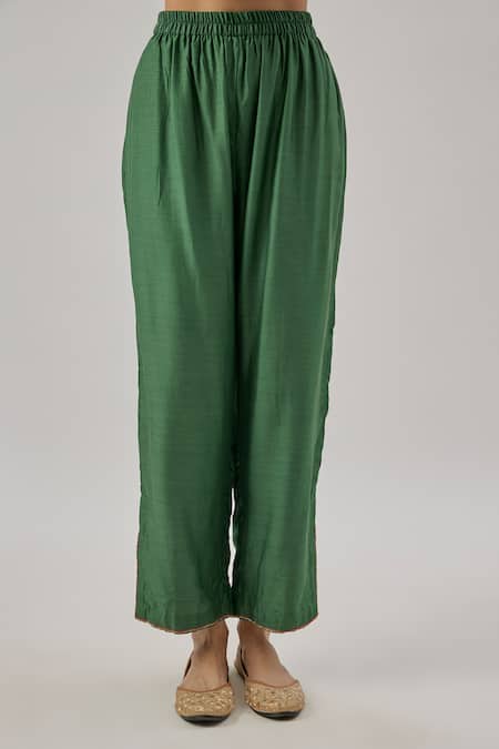 Buy_Cupid Cotton_Green Silk V-neck Straight Kurta Set _Online_at_Aza_Fashions