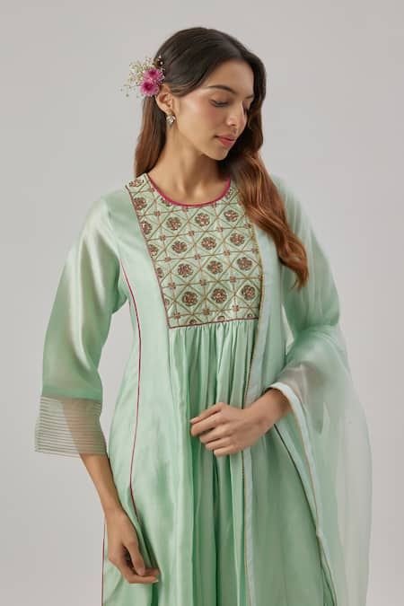 Buy_Cupid Cotton_Aqua Silk, Organza Embroidery Round Neck Blue Kurta Set _Online_at_Aza_Fashions