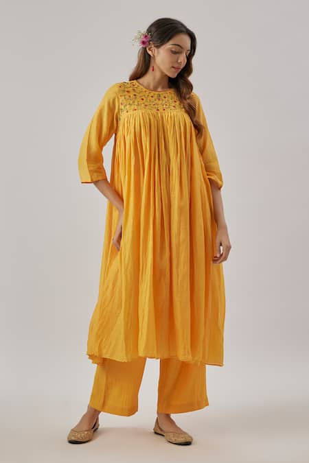 Buy Cupid Cotton Yellow Silk, Organza, Embroidery Round Neck Kurta Set Buy_Cupid Cotton_Yellow Silk, Organza, Embroidery Round Neck Kurta Set