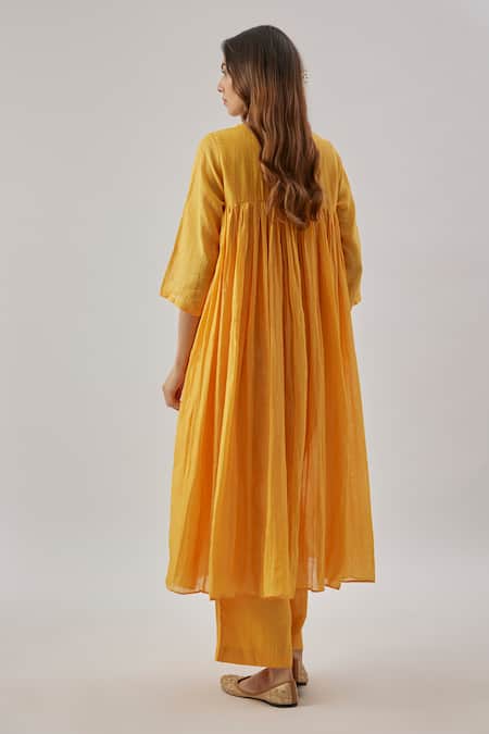 Shop_Cupid Cotton_Yellow Chanderi Silk Embroidery Round Neck Kurta Set _Online_at_Aza_Fashions