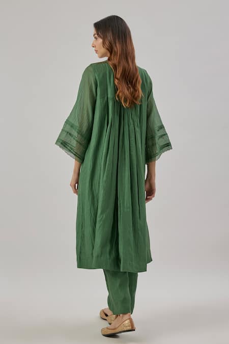 Shop_Cupid Cotton_Green Chanderi Silk V-neck Kurta Set _at_Aza_Fashions