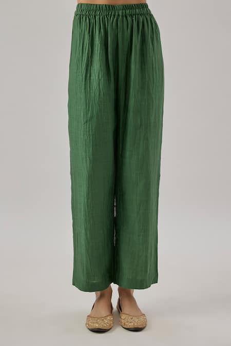 Cupid Cotton_Green Chanderi Silk V-neck Kurta Set _Online_at_Aza_Fashions