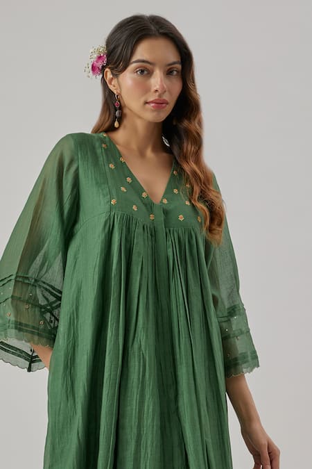 Buy_Cupid Cotton_Green Chanderi Silk V-neck Kurta Set _Online_at_Aza_Fashions