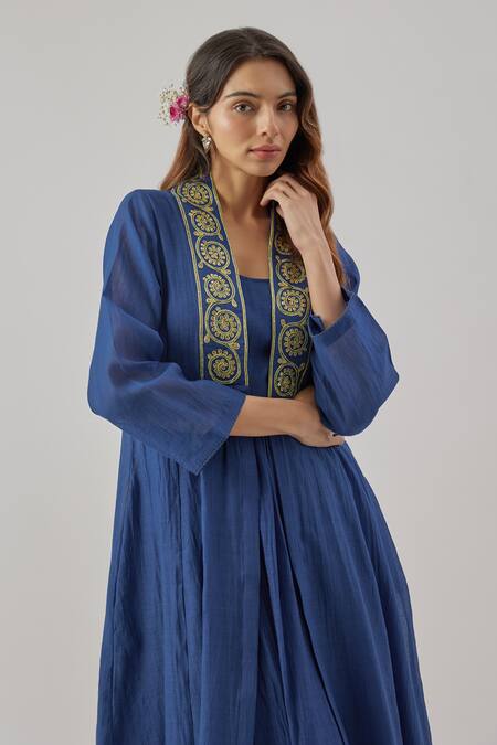Shop Cupid Cotton Blue Chanderi Silk Embroidery Round Neck Royal Kurta Set Online at Aza Fashions Shop_Cupid Cotton_Blue Chanderi Silk Embroidery Round Neck Royal Kurta Set _Online_at_Aza_Fashions