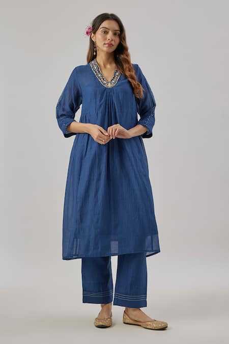Shop Cupid Cotton Blue Chanderi Silk, Organza Embroidery Split V-neck Royal Kurta Set at Aza Fashions Shop_Cupid Cotton_Blue Chanderi Silk, Organza Embroidery Split V-neck Royal Kurta Set _at_Aza_Fashions
