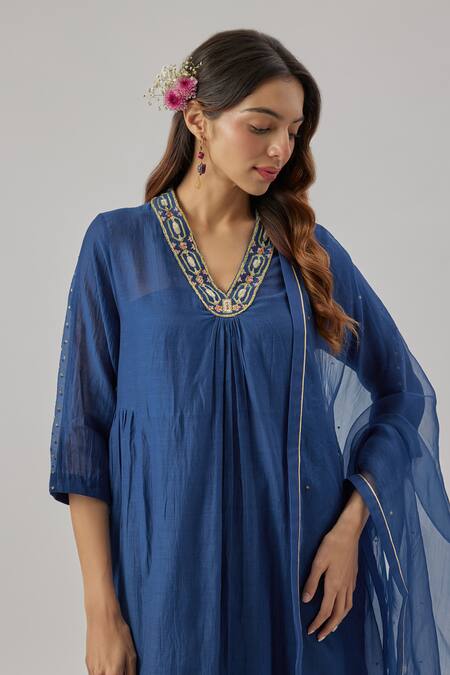 Shop Cupid Cotton Blue Chanderi Silk, Organza Embroidery Split V-neck Royal Kurta Set Online at Aza Fashions Shop_Cupid Cotton_Blue Chanderi Silk, Organza Embroidery Split V-neck Royal Kurta Set _Online_at_Aza_Fashions