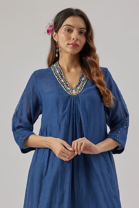 Cupid Cotton Embroidered Royal Blue Kurta Set 