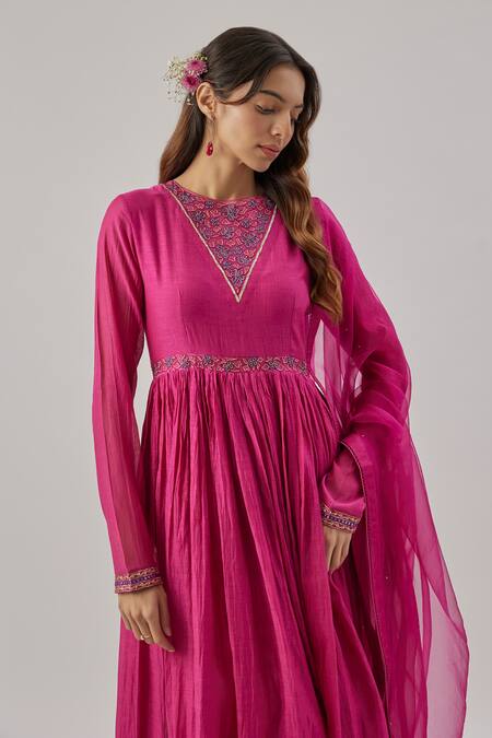 Shop Cupid Cotton Magenta Chanderi Silk, Organza Embroidery Round Neck Anarkali Set Online at Aza Fashions Shop_Cupid Cotton_Magenta Chanderi Silk, Organza Embroidery Round Neck Anarkali Set _Online_at_Aza_Fashions