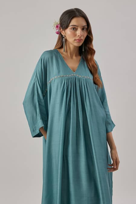 Cupid Cotton_Teal Cotton, Silk V-neck Kaftan Set _Online_at_Aza_Fashions