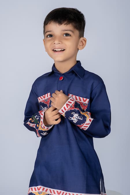 Buy_Vivedkids_Blue Cotton Embroidery Patola Kurta Set _Online_at_Aza_Fashions