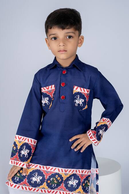 Shop_Vivedkids_Blue Cotton Embroidery Patola Kurta Set _Online_at_Aza_Fashions