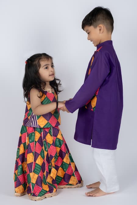 Vivedkids_Multi Color Cotton Bandhani Block Lehenga _Online_at_Aza_Fashions
