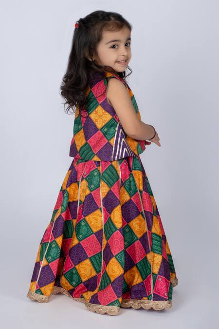 Vivedkids_Multi Color Cotton Bandhani Block Lehenga _at_Aza_Fashions
