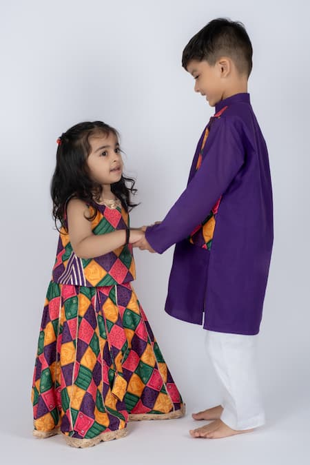 Vivedkids_Purple Cotton Patchwork Multi Bandhani Kurta Set _Online_at_Aza_Fashions