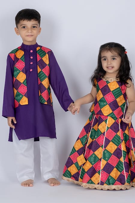 Shop_Vivedkids_Purple Cotton Patchwork Multi Bandhani Kurta Set _Online_at_Aza_Fashions