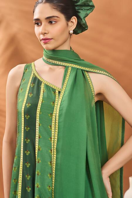 Masaba Green Silk, Georgette Embroidery Round Neck Petal Play Anarkali Set Online at Aza Fashions Masaba_Green Silk, Georgette Embroidery Round Neck Petal Play Anarkali Set _Online_at_Aza_Fashions