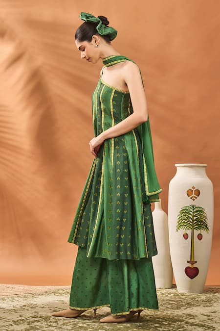 Shop Masaba Green Silk, Georgette Embroidery Round Neck Petal Play Anarkali Set Online at Aza Fashions Shop_Masaba_Green Silk, Georgette Embroidery Round Neck Petal Play Anarkali Set _Online_at_Aza_Fashions