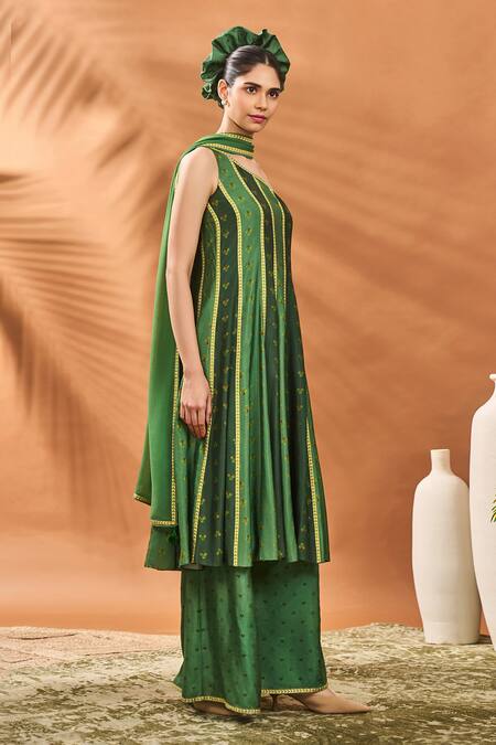 Masaba Green Silk, Georgette Embroidery Round Neck Petal Play Anarkali Set at Aza Fashions Masaba_Green Silk, Georgette Embroidery Round Neck Petal Play Anarkali Set _at_Aza_Fashions