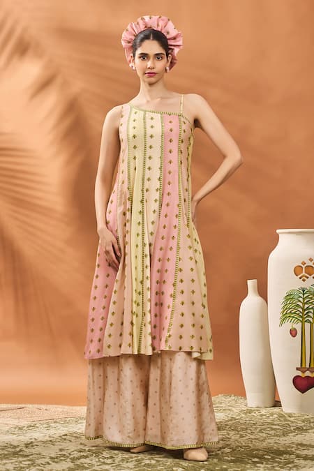 Buy_Masaba_Multi Color Silk, Georgette Embroidery Asymmetric Sorbet Petal Play Anarkali Set 