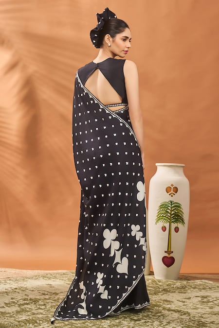 Masaba Black Printed Raw Silk Saree Set 