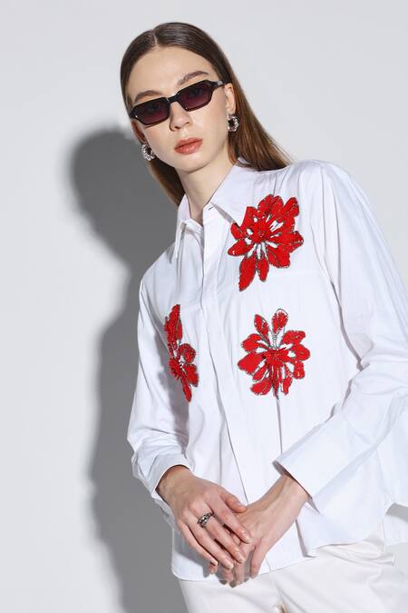 Shop_Dark Hour_White Cotton Satin Embroidery Collared Parisa Shirt _Online_at_Aza_Fashions