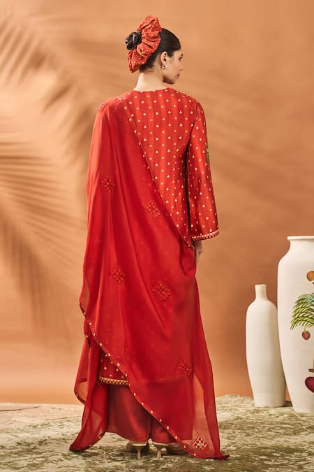 Shop_Masaba_Rust Silk, Organza Embroidery Round Neck Striped Kurta Set _at_Aza_Fashions