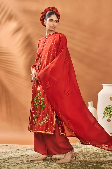 Masaba_Rust Silk, Organza Embroidery Round Neck Striped Kurta Set _Online_at_Aza_Fashions