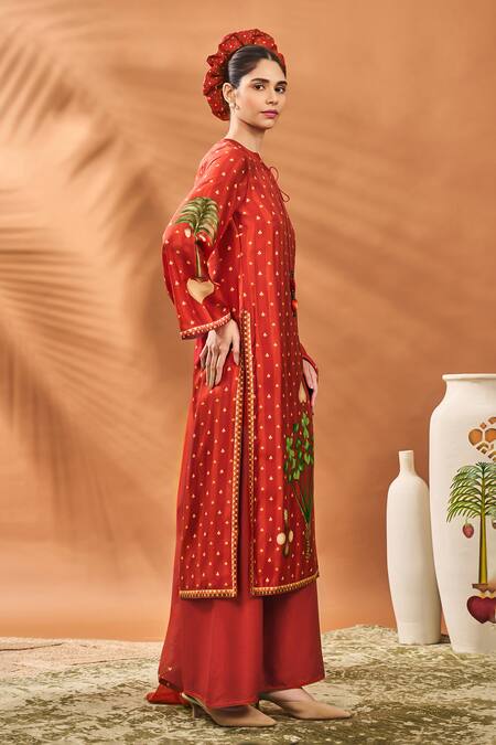 Shop_Masaba_Rust Silk, Organza Embroidery Round Neck Striped Kurta Set _Online_at_Aza_Fashions