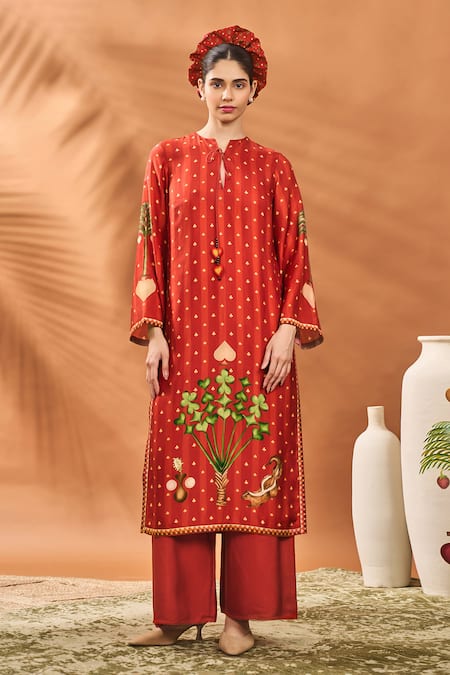 Masaba_Rust Silk, Organza Embroidery Round Neck Striped Kurta Set _at_Aza_Fashions