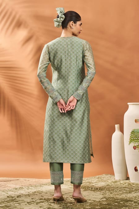 Shop Masaba Green Chanderi Embroidery Round Neck Sage Printed Angarkha Kurta Set at Aza Fashions Shop_Masaba_Green Chanderi Embroidery Round Neck Sage Printed Angarkha Kurta Set _at_Aza_Fashions