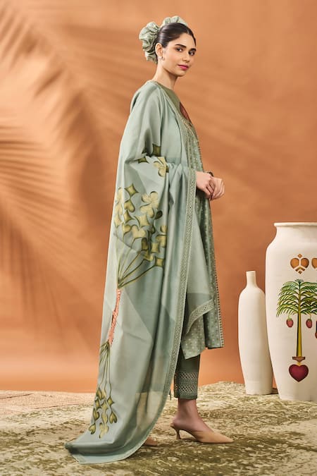 Masaba Green Chanderi Embroidery Round Neck Sage Printed Angarkha Kurta Set Online at Aza Fashions Masaba_Green Chanderi Embroidery Round Neck Sage Printed Angarkha Kurta Set _Online_at_Aza_Fashions