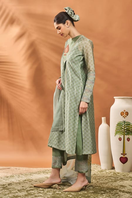 Shop Masaba Green Chanderi Embroidery Round Neck Sage Printed Angarkha Kurta Set Online at Aza Fashions Shop_Masaba_Green Chanderi Embroidery Round Neck Sage Printed Angarkha Kurta Set _Online_at_Aza_Fashions