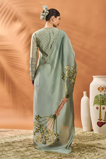 Masaba Green Chanderi Embroidery Round Neck Sage Printed Angarkha Kurta Set at Aza Fashions Masaba_Green Chanderi Embroidery Round Neck Sage Printed Angarkha Kurta Set _at_Aza_Fashions
