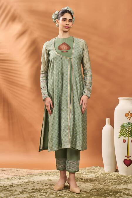 Buy Masaba Green Chanderi Embroidery Round Neck Sage Printed Angarkha Kurta Set Buy_Masaba_Green Chanderi Embroidery Round Neck Sage Printed Angarkha Kurta Set