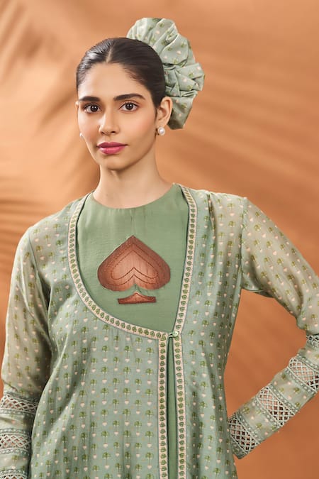 Shop Masaba Green Chanderi Embroidery Round Neck Sage Printed Angarkha Kurta Set Shop_Masaba_Green Chanderi Embroidery Round Neck Sage Printed Angarkha Kurta Set