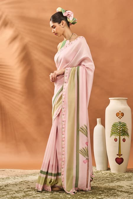 Masaba_Pink Chanderi Embroidery Halter Neck Blooming Board Printed Saree _Online_at_Aza_Fashions