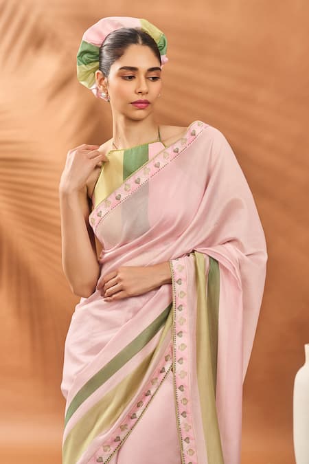 Shop_Masaba_Pink Chanderi Embroidery Halter Neck Blooming Board Printed Saree _Online_at_Aza_Fashions