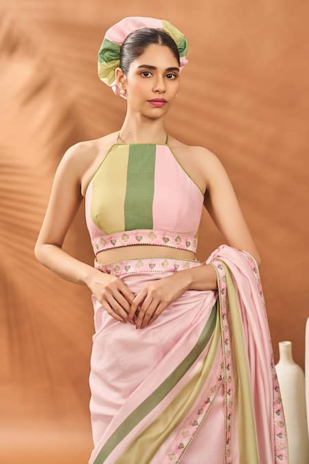 Masaba_Pink Chanderi Embroidery Halter Neck Blooming Board Printed Saree _at_Aza_Fashions